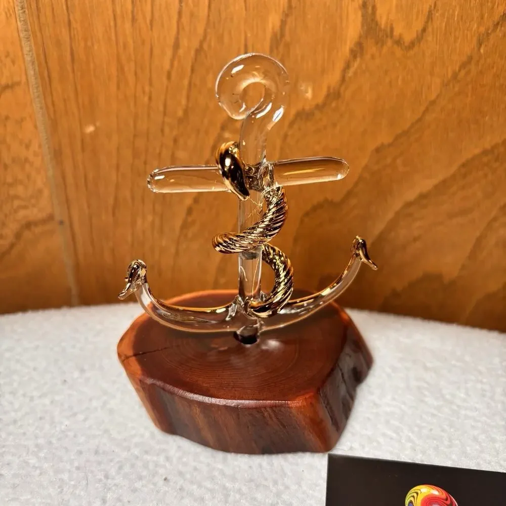 Cecil Art Glass Anchor Sculpture Wood Base Nautical Handmade Blown Glass 4 Inch